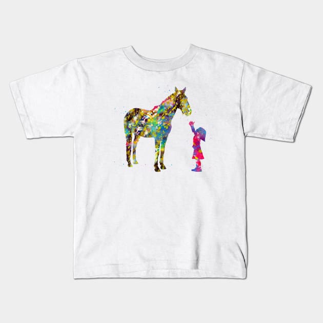 Little girl with horse Kids T-Shirt by erzebeth